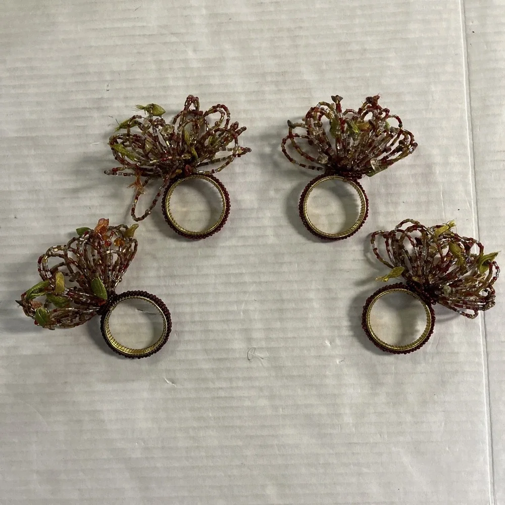 Pier One Napkin Rings Gold Amber Brown Beaded Floral Set Of 4 Boho‎ Hippie